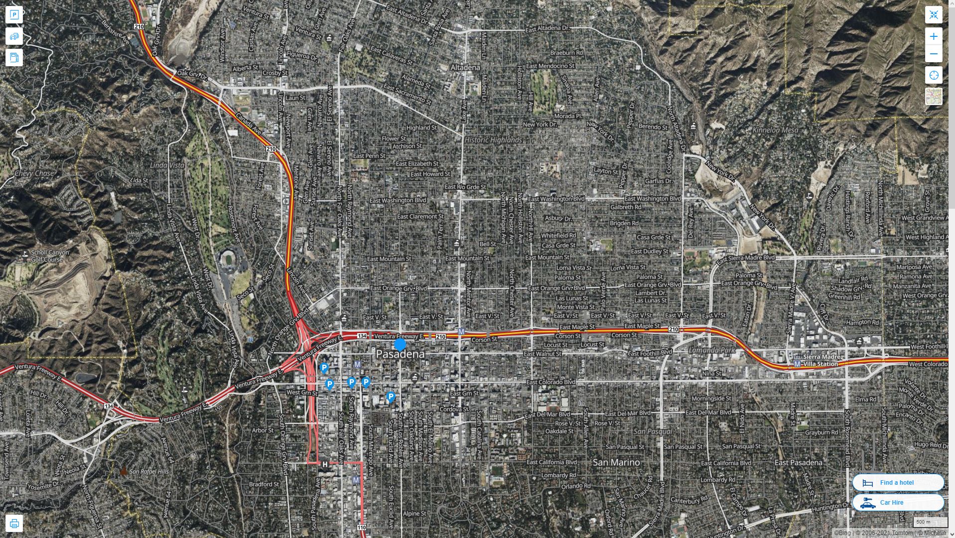 Pasadena California Highway and Road Map with Satellite View